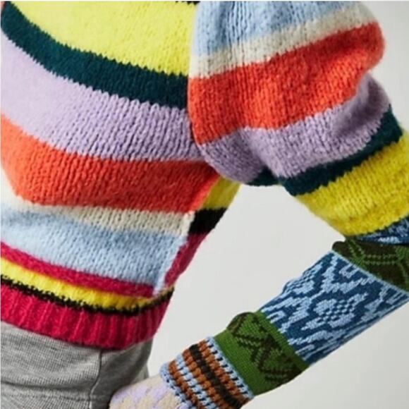 Free People / Foxy Stripe Puff Sleeve Cropped Wool Blend Sweater / sz L - Picture 2 of 5